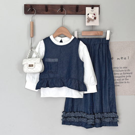 Long Sleeve T-shirt+Vest+Ruffle Pants 3pcs Girls' Fashion Outfit