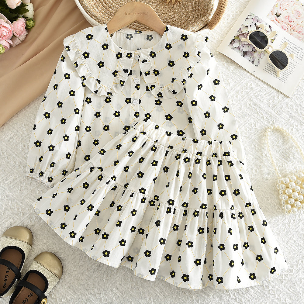 Girls' Bow-knot Printing Shirt+Patchwork Skirt Set