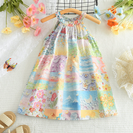Girls' Oil Painting Printing Vacation Sun Dress