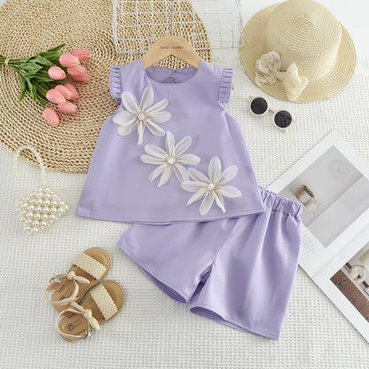 Girls' Flowers Shorts Elegant Set