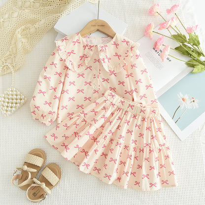 Girls' Bow-knot Printing Shirt+Patchwork Skirt Set