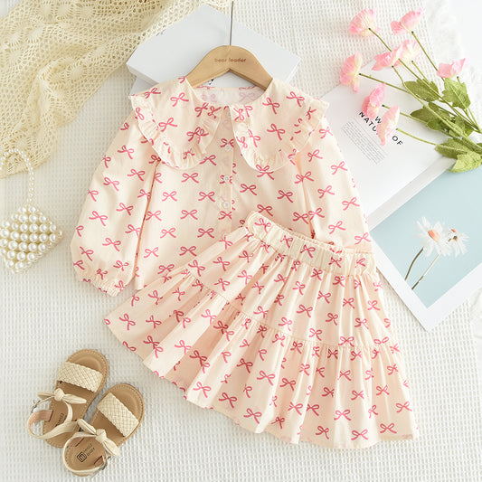 Girls' Bow-knot Printing Shirt+Patchwork Skirt Set