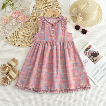 Girls' Plaid Outfit Sleeveless Ruffle Colorful Dress