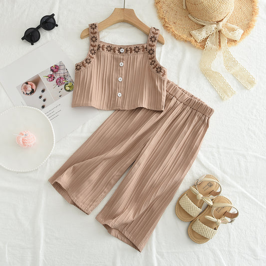 Girls' Embroidery Sun-top+Trousers Ethnic Set