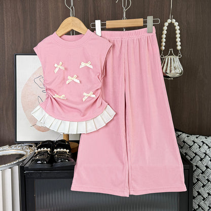 Wrinkle Bow Ruffle Vest+Wide Leg Trousers Elegant Girls' Set