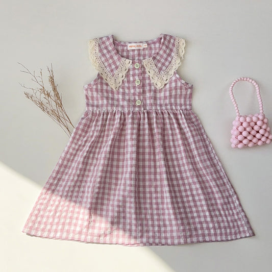 Girls' Plaid Pattern Lace Dress
