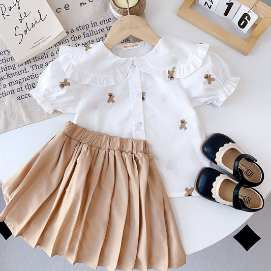 Girls' Cartoon Embroidery Shirt+Skirt Set