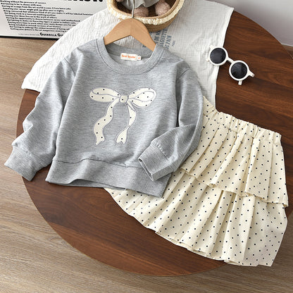 Girls' Cartoon Bow-knot Sweatshirt+Dots Skirt Set