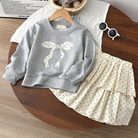 Girls' Cartoon Bow-knot Sweatshirt+Dots Skirt Set