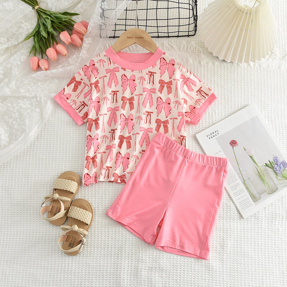 Girls' Bow-knot Printing T-shirt+Shorts Pajamas