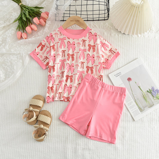 Girls' Bow-knot Printing T-shirt+Shorts Pajamas