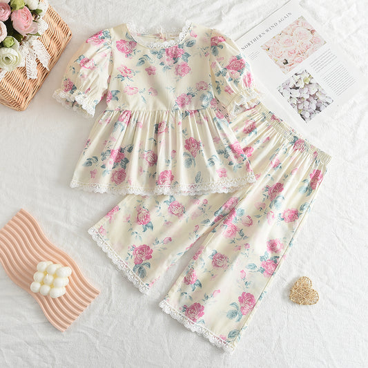 Girls' Floral Printing Lace Organic Cotton Pajamas