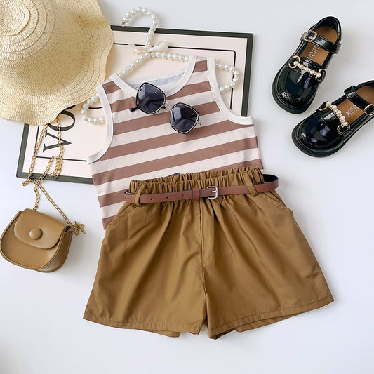 Girls' Stripes Top+Shorts Cool Style Set