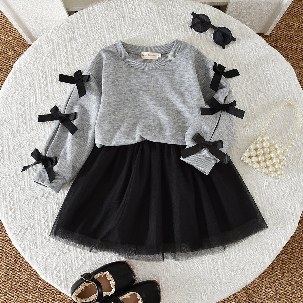 Girls' Bow Sweatshirt+Mesh Skirt Fashion 2pcs Set