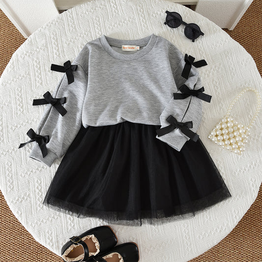 Girls' Bow Sweatshirt+Mesh Skirt Fashion 2pcs Set