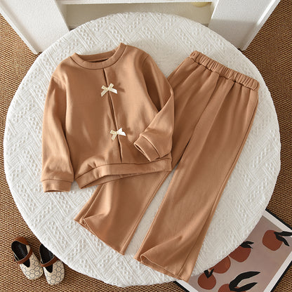 Girls' Bow-knot Flared Trousers Sweatshirt Set