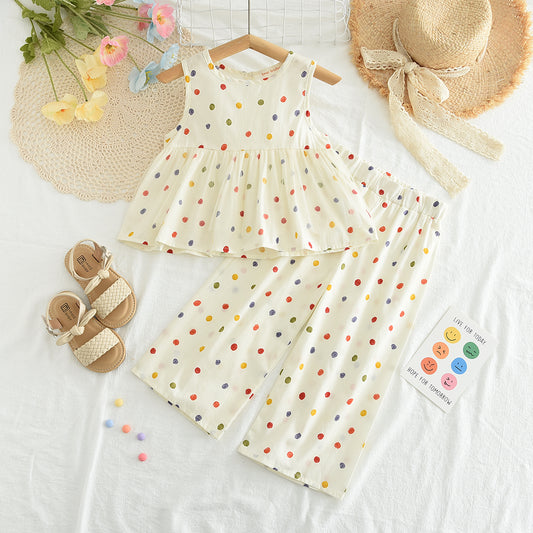 Girls' Colorful Polka Dots Trousers Cotton Set