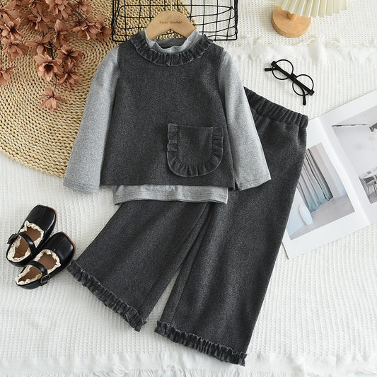 Girls' Long Sleeve T-shirt+Waistcoat+Pant 3PCS Set