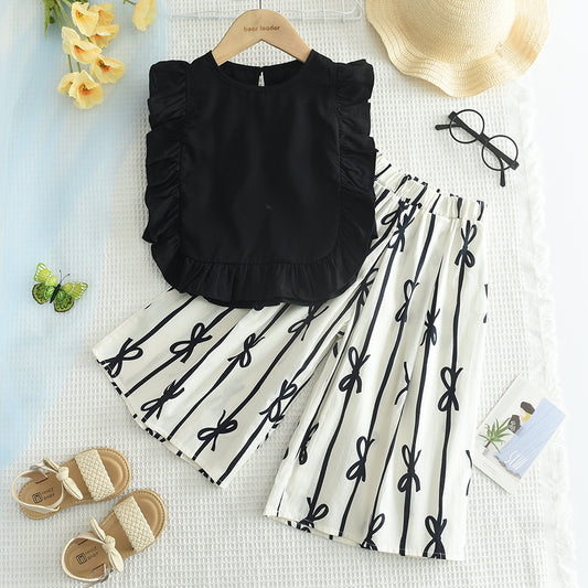 Girls' Ruffle Shirt+Bow-knot Printing Pant Elegant Set