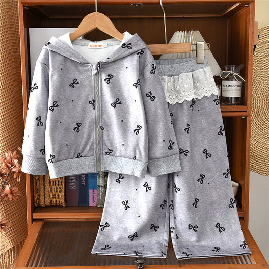 Girls' Bow-knot Printing Sweatshirt Hooded Set