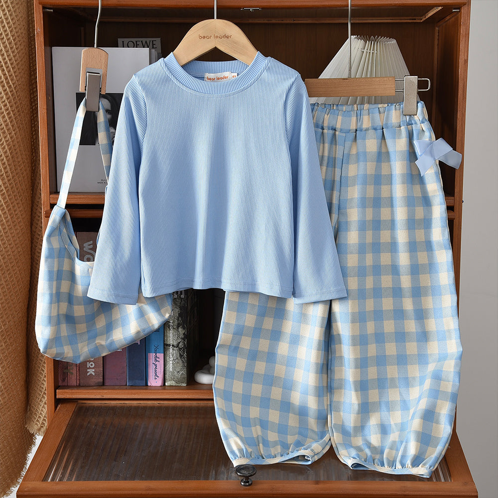 Girls' Long Sleeve T-shirt Plaid Lantern Pants+Free Bag 3pcs Set