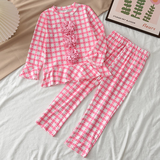 Girls' Cartoon Heart Plaid Rose Pajamas Set