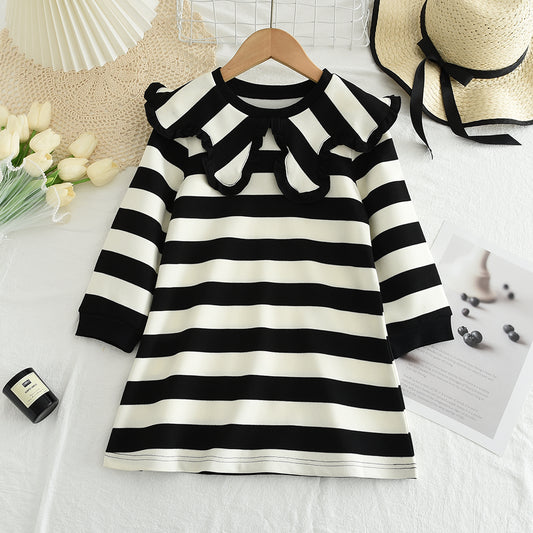 Girls' Stripes Large Lapel Casual Dress