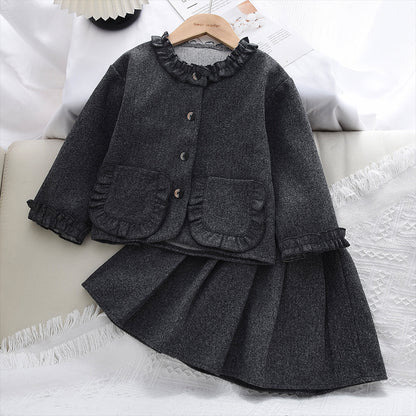 Girls' Pockets Ruffle Coat+Skirt 2pcs Vintage Set