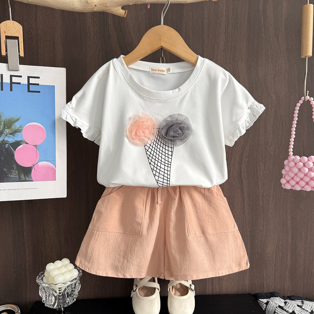 Girls' Lace Cartoon T-shirt+Shorts Casual Set