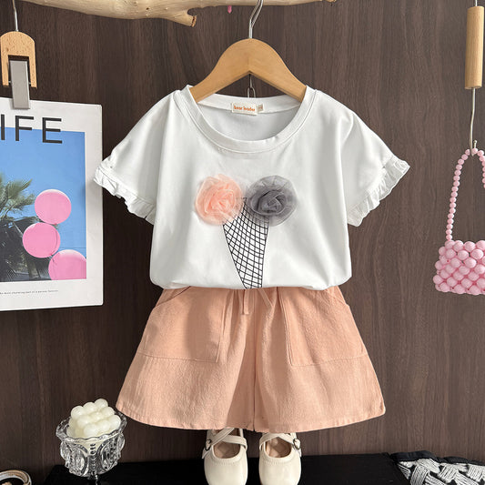 Girls' Lace Cartoon T-shirt+Shorts Casual Set