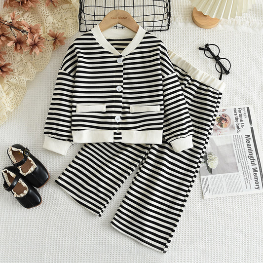 Girls' V-neck Stripes Trousers Casual Set