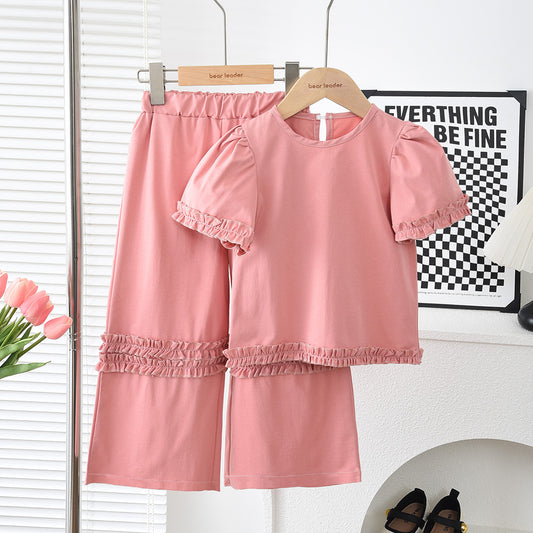 Girls' Ruffle T-shirt+Pant Casual Set
