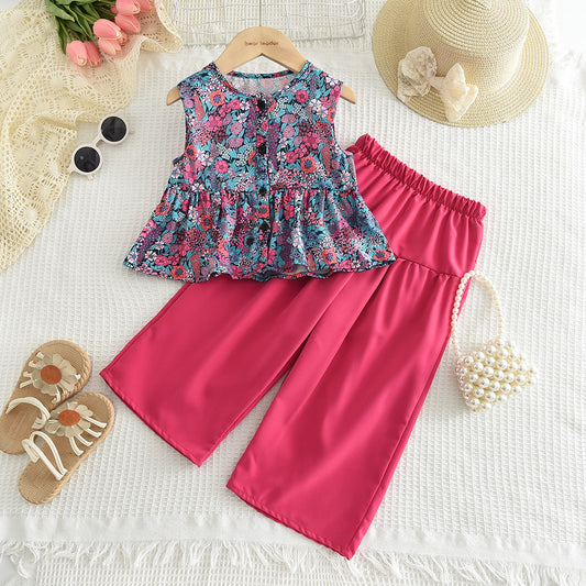 Girls' Floral Printing Top+Trousers Set