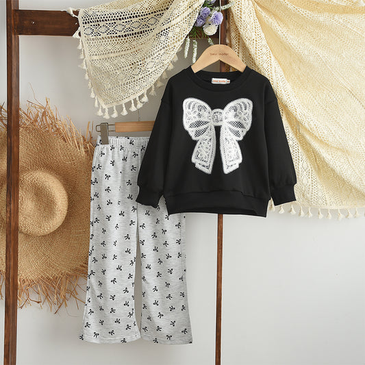 Girls' Lace Sweatshirt+Prints Flared Pants Cute Set