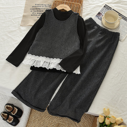 Long Sleeve T-shirt+Lace Vest+Wide Leg Pants Girls' 3pcs Fashion Outfit