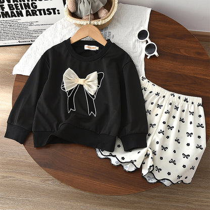 Girls' Bow-knot Sweatshirt+Shorts Cute Set