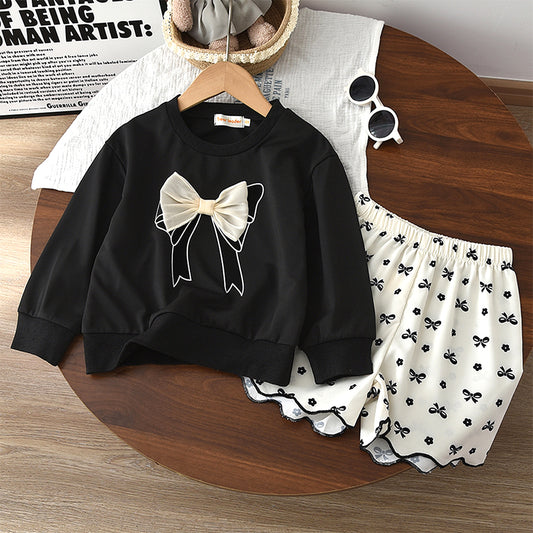 Girls' Bow-knot Sweatshirt+Shorts Cute Set