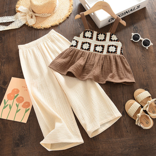 Girls' Ethnic Style Knitting Sun-top+Pant Organic Cotton Set