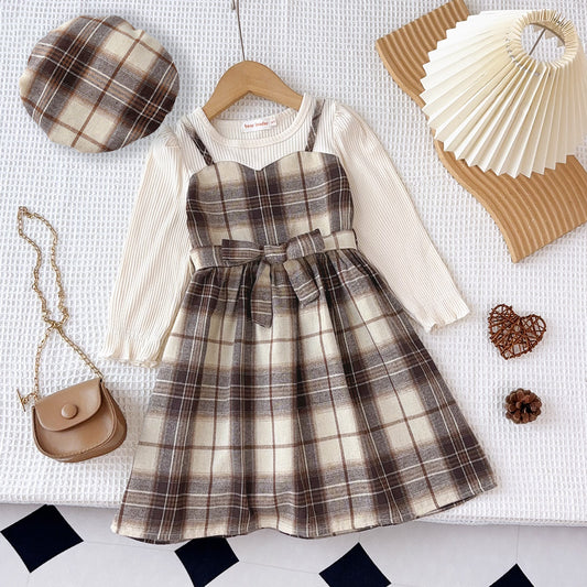 Girls' Plaid Patchwork Dress Free Hat