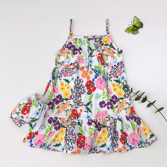 Girls' Floral Printing Sun Dress+Bag