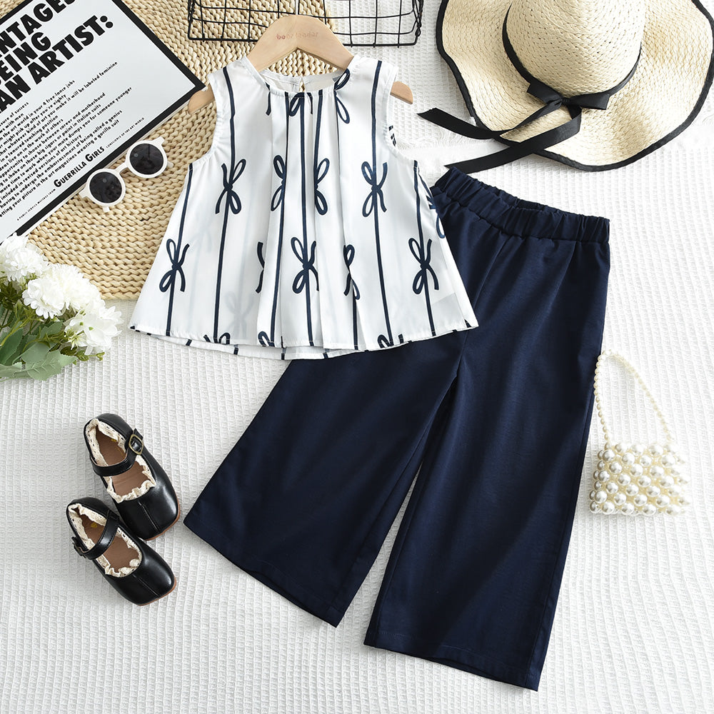 Girls' Bow-knot Printing Trousers Set