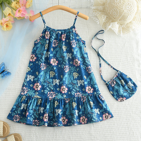 Girls' Floral Printing Sun Dress with A Bag
