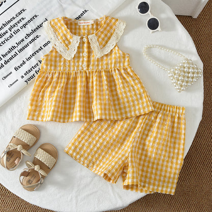 Lace Collar Plaid Sleeveless Shirt+Shorts Kid Girls' Cute Set