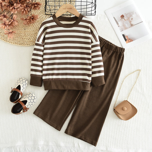 Girls' Contrast Colors Stripes Classic Casual Set