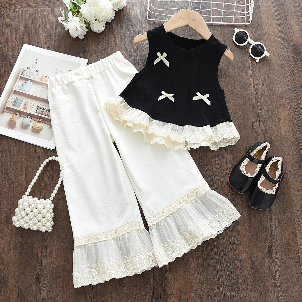 Girls' Bow-knot Lace Top+Trousers Princess Set