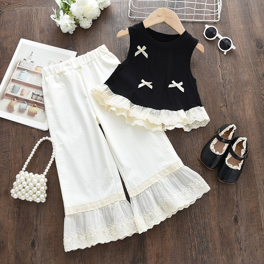 Girls' Bow-knot Lace Top+Trousers Princess Set