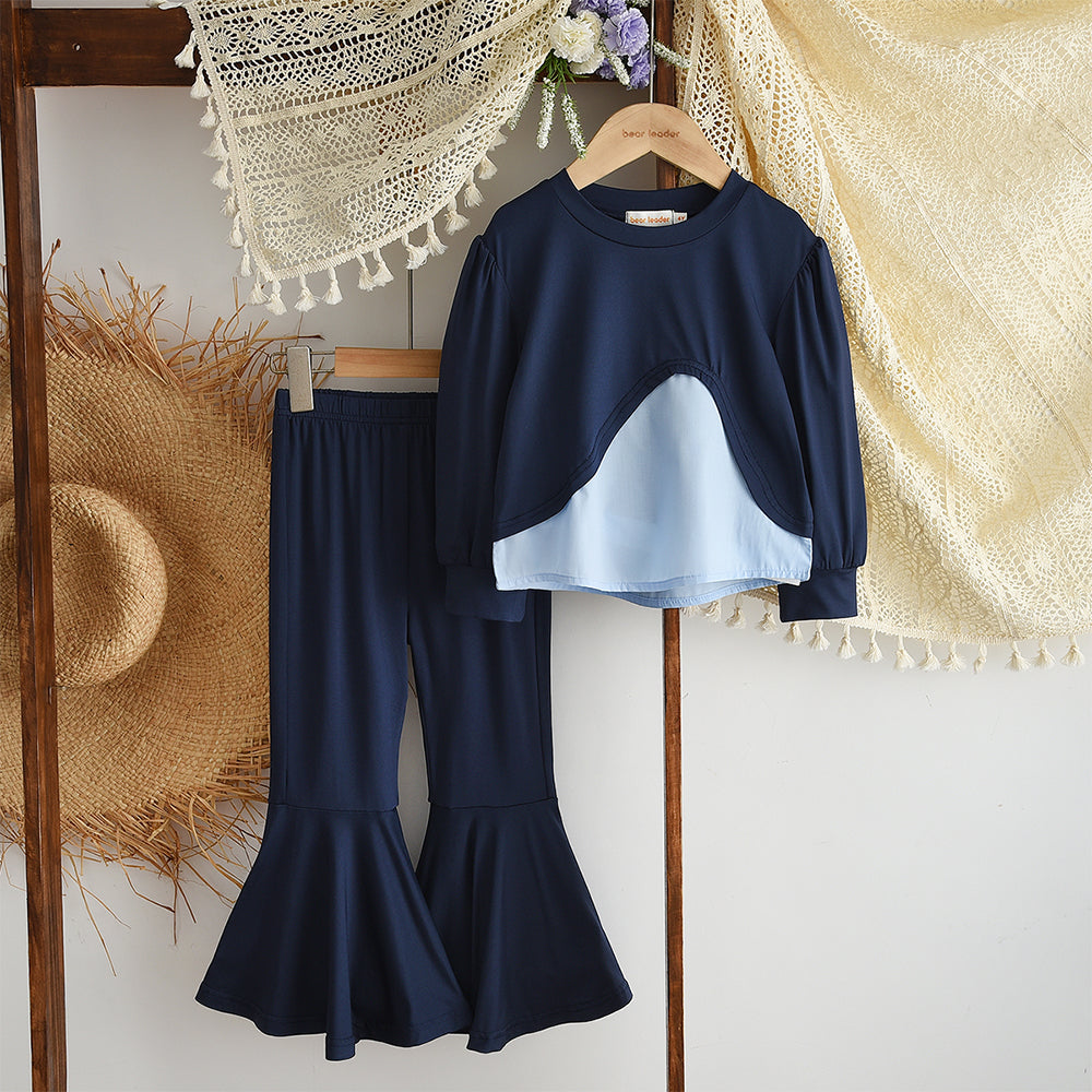 Girls' Patchwork Sweatshirt+Flared Trousers Fashion Set