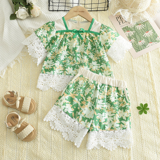 Girls' Printing Lace Shorts Set