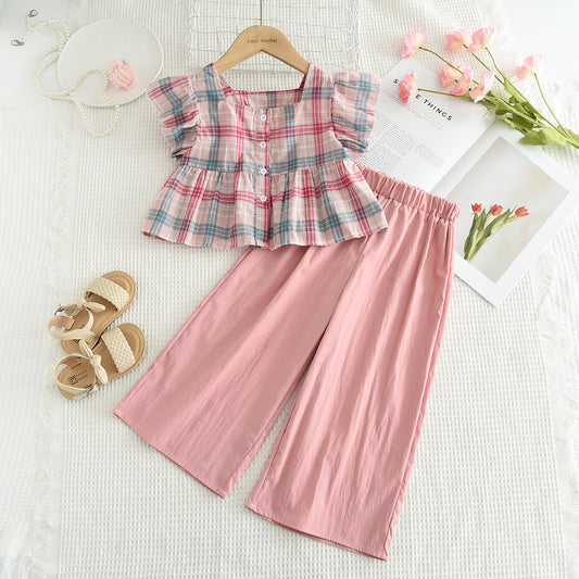 Girls' Contrast Colors Plaid Shirt+Loose Pant Set