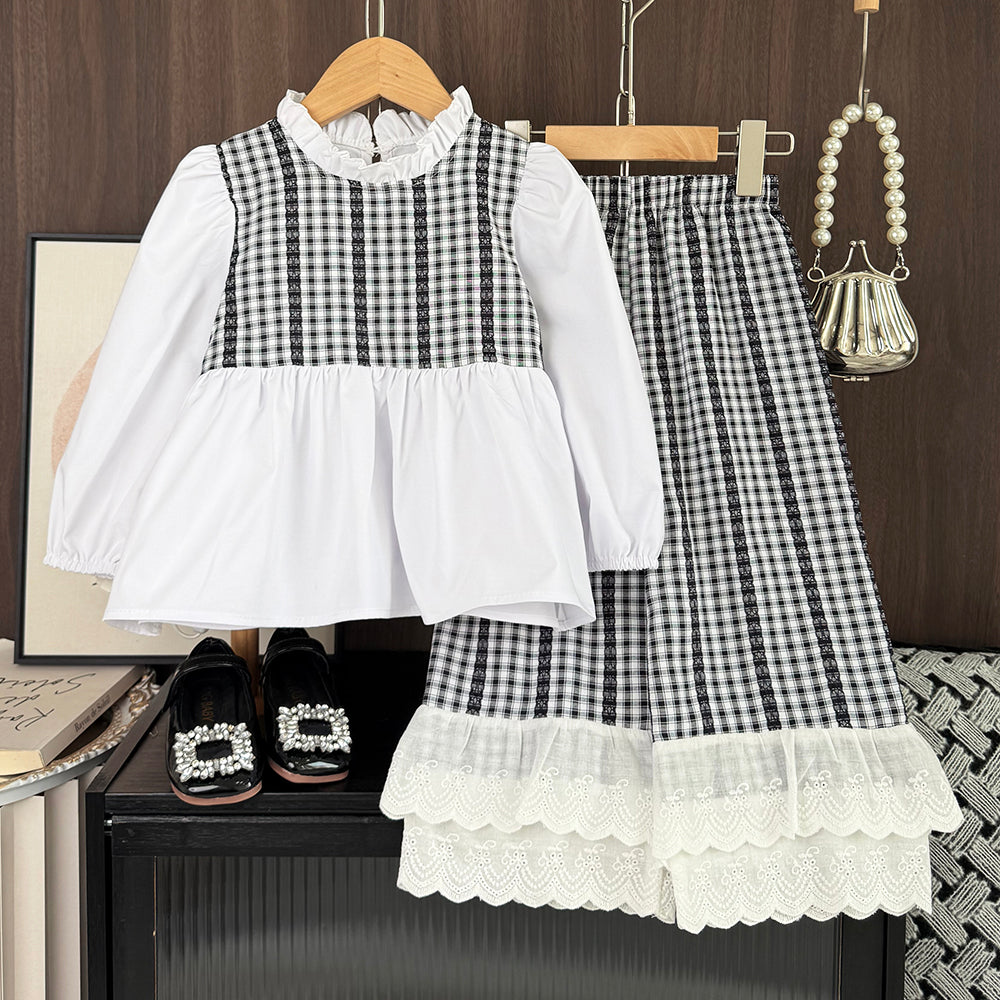 Girls' Classic Plaid Ruffle Lace Set